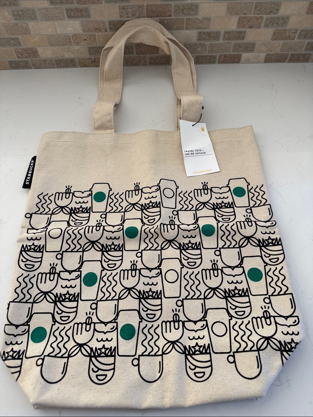 Starbucks Natural Canvas Tote with Green and Black Graphic Print NWT